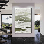 Green and white textured abstract wall art with black frame displayed in a modern interior, featuring layered organic patterns and minimalist contemporary design