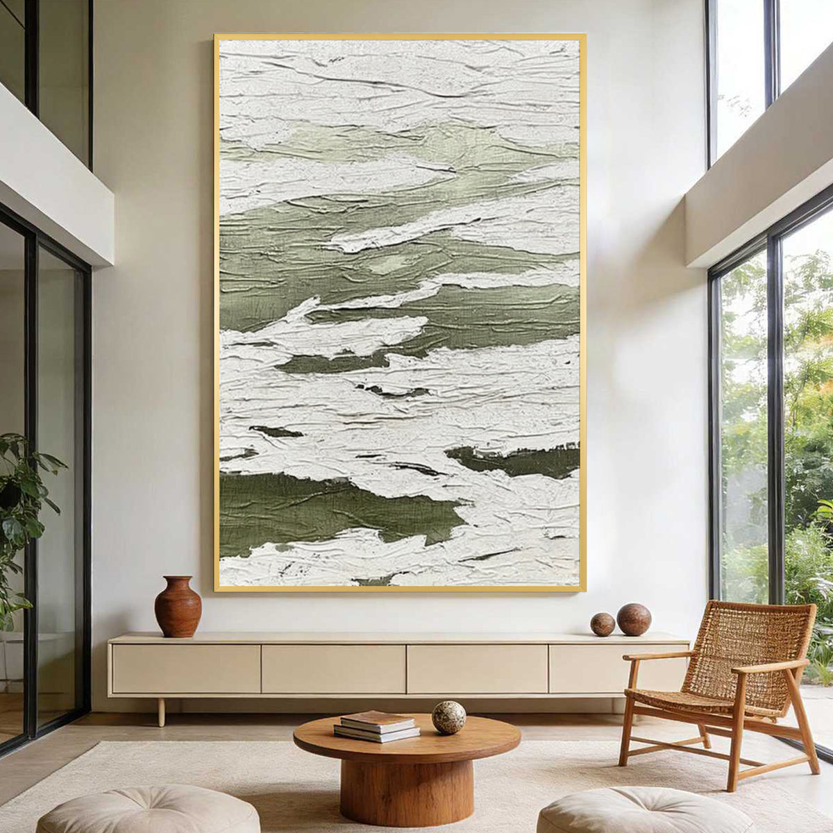 Green and white textured abstract wall art with gold frame displayed in a modern living room, featuring layered organic patterns and minimalist contemporary interior design