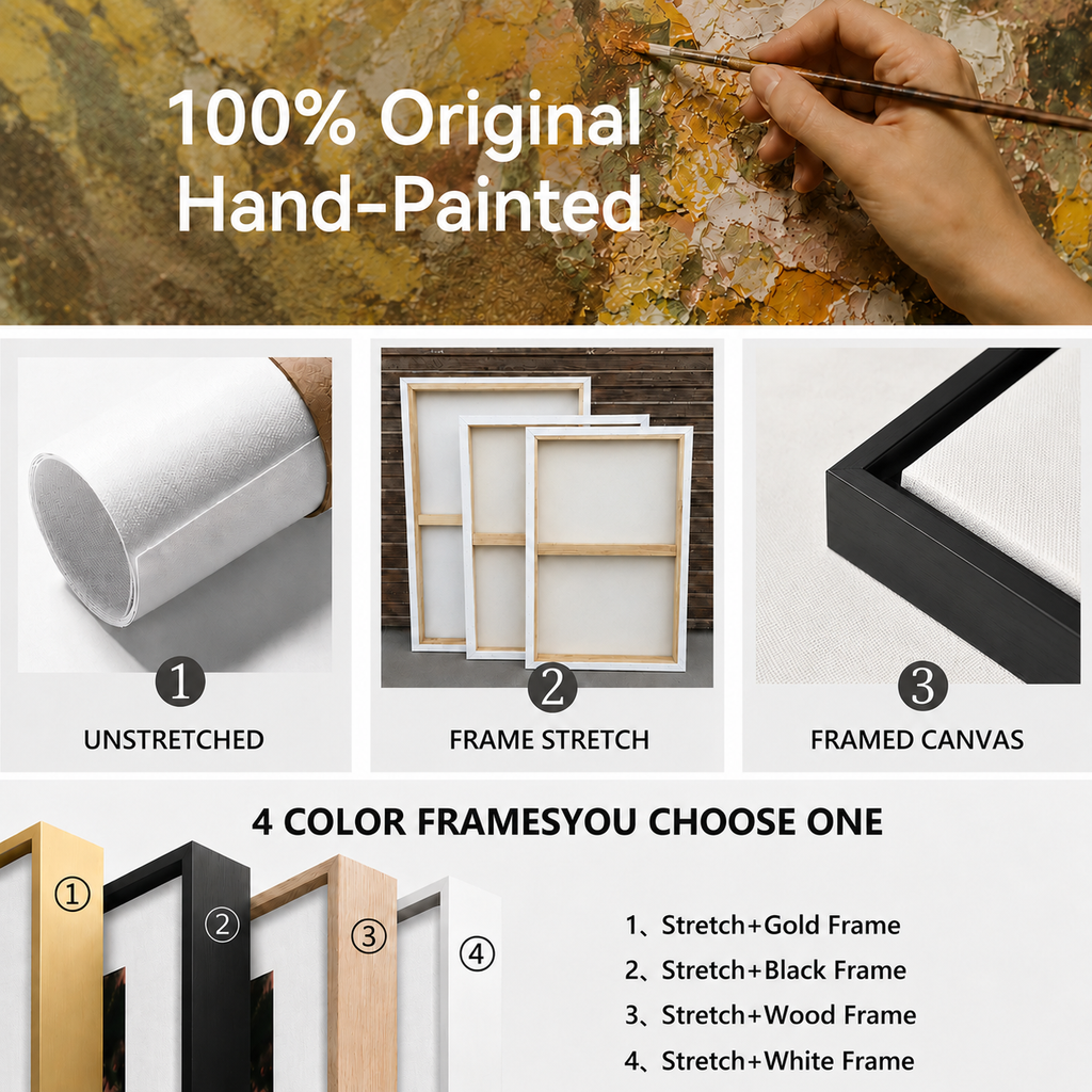 Hand painted canvas wall art framing options with gold black wood and white frames