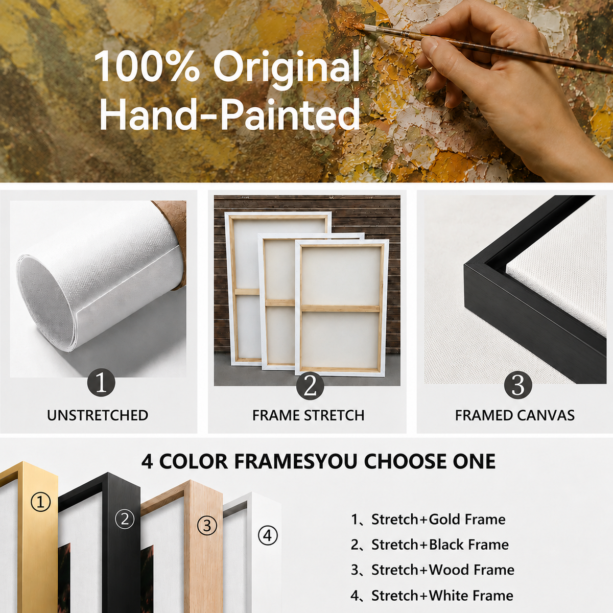 Hand painted canvas wall art framing options with gold black wood and white frames