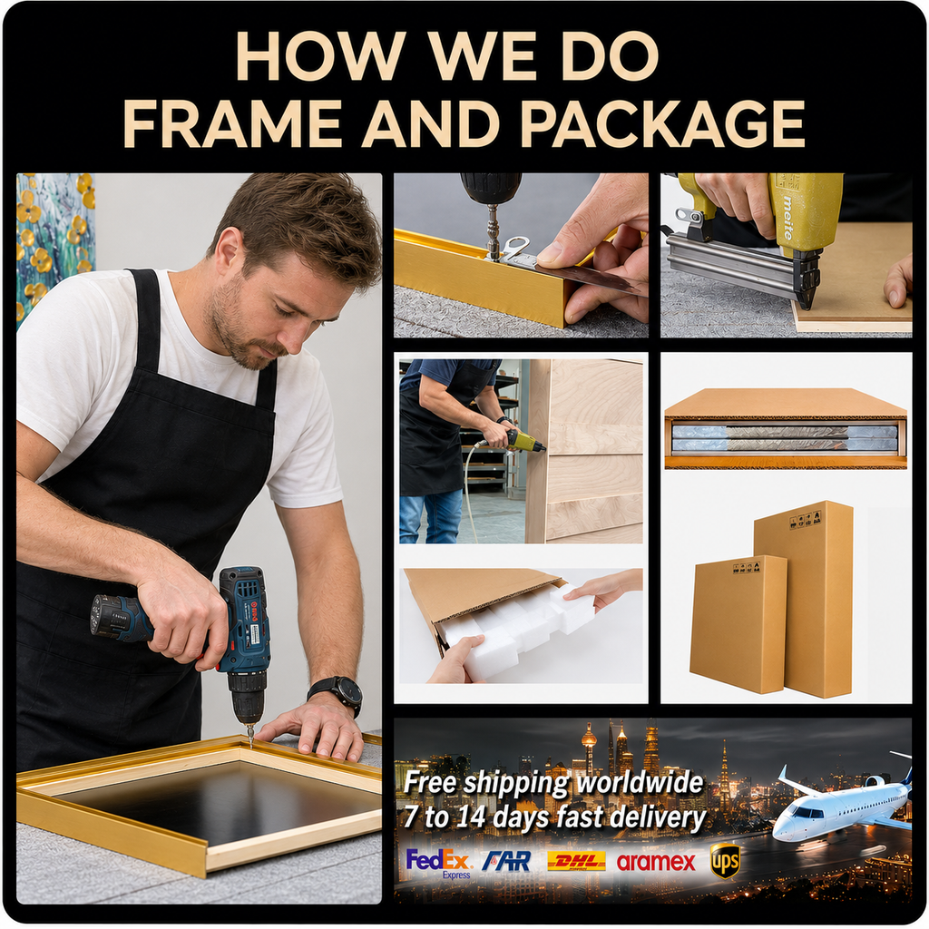 Hand painted wall art framing and secure packaging process for shipping