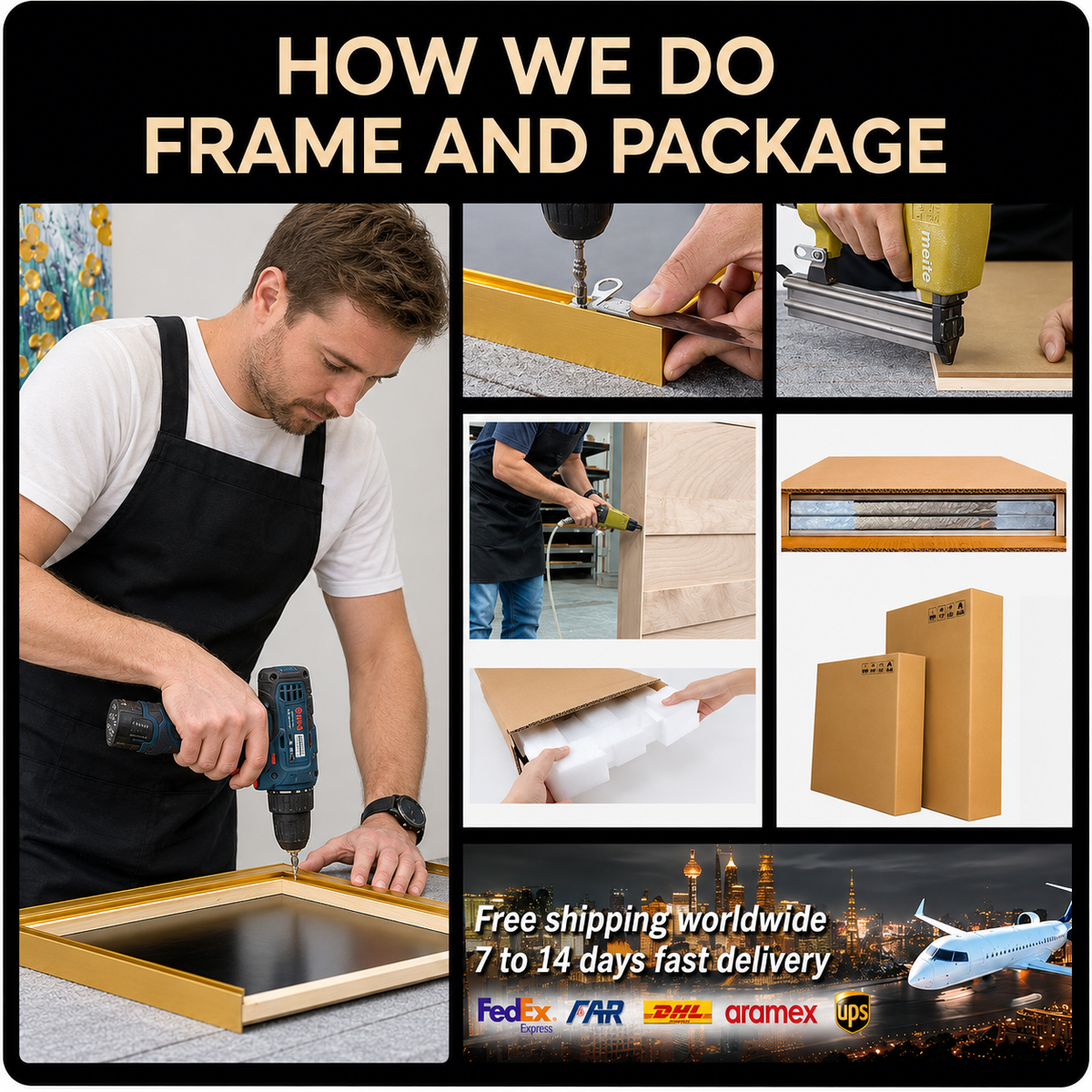 Hand painted wall art framing and secure packaging process for shipping