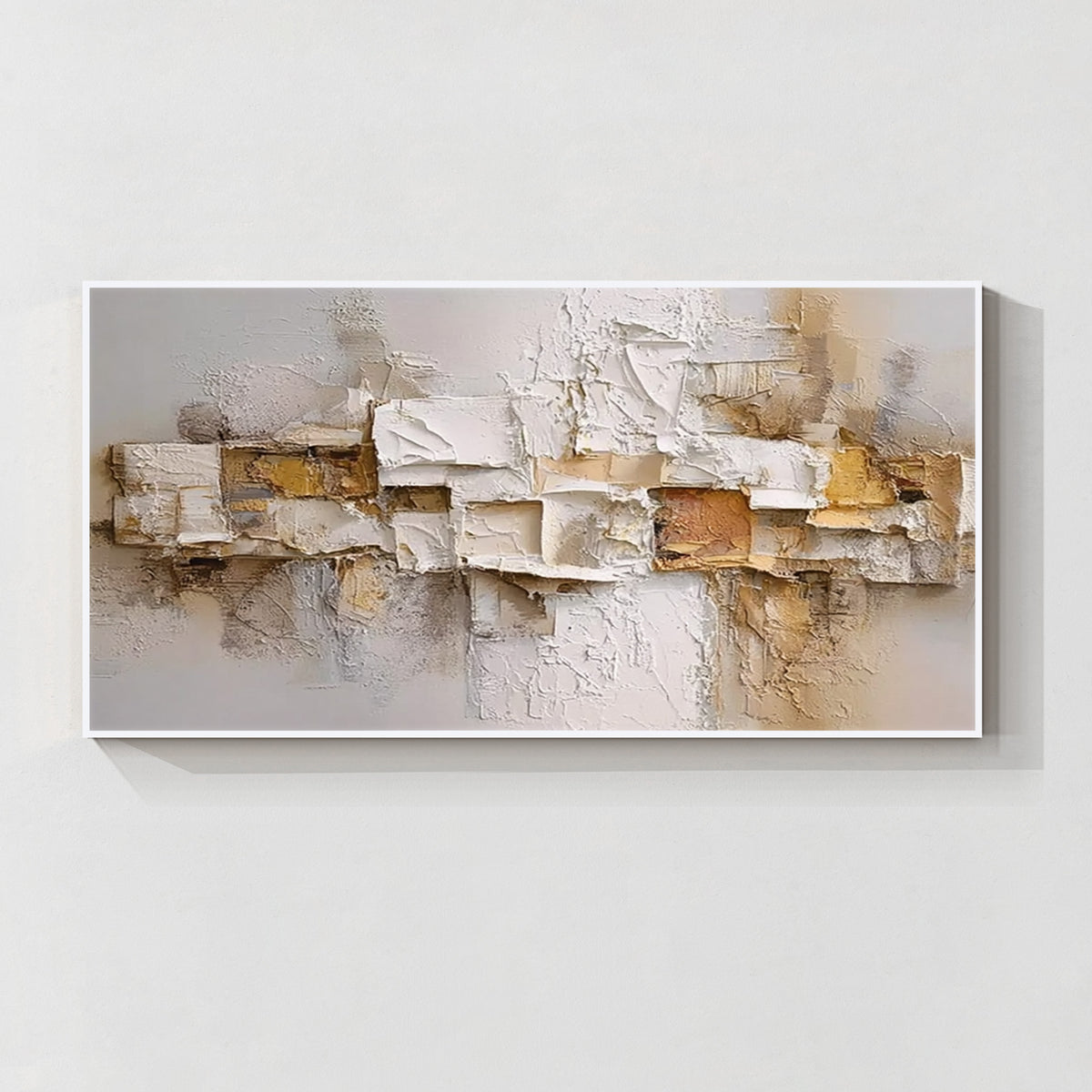 Ivory relief textured abstract wall art with white frame, elegant neutral wall decor