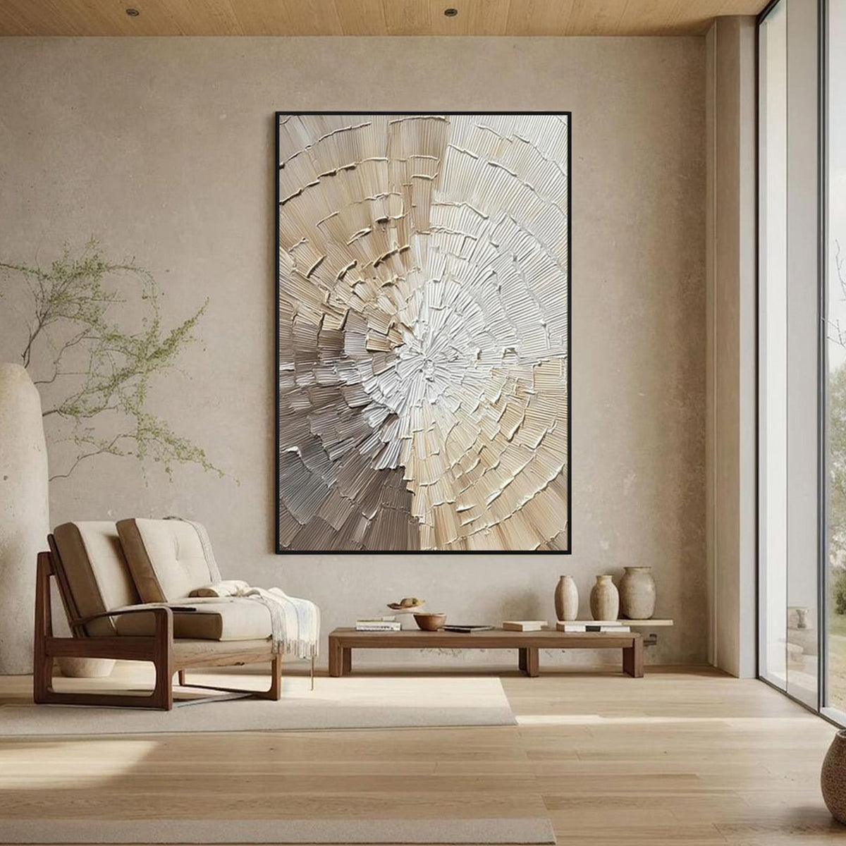 Ivory textured circular abstract art with black frame displayed in a modern living room, sculptural plaster wall decor with raised texture