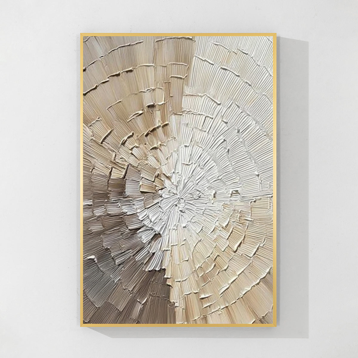 Ivory textured circular abstract art with gold frame, raised plaster texture wall decor for modern elegant interiors