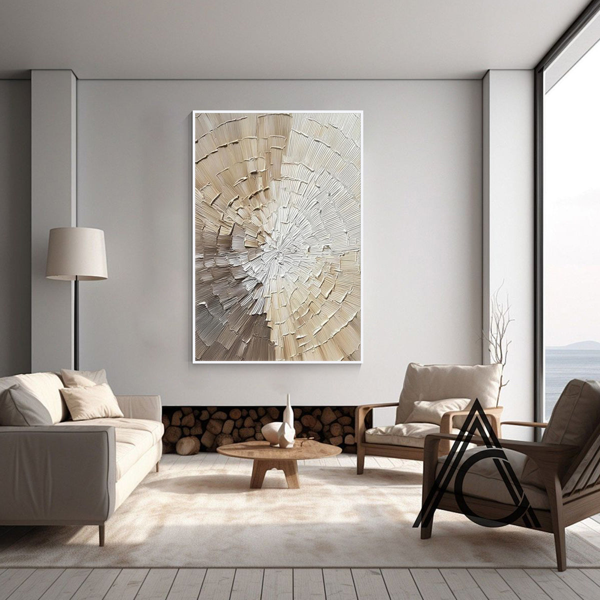 Ivory textured circular abstract art with white frame displayed in a minimalist living room, sculptural plaster wall decor with raised texture