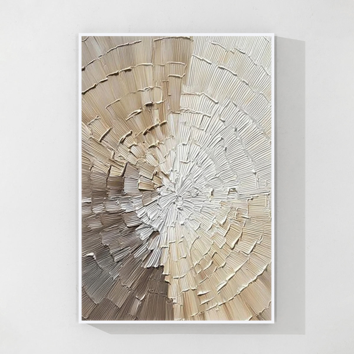 Ivory textured circular abstract art with white frame, minimalist raised texture wall artwork for modern spaces