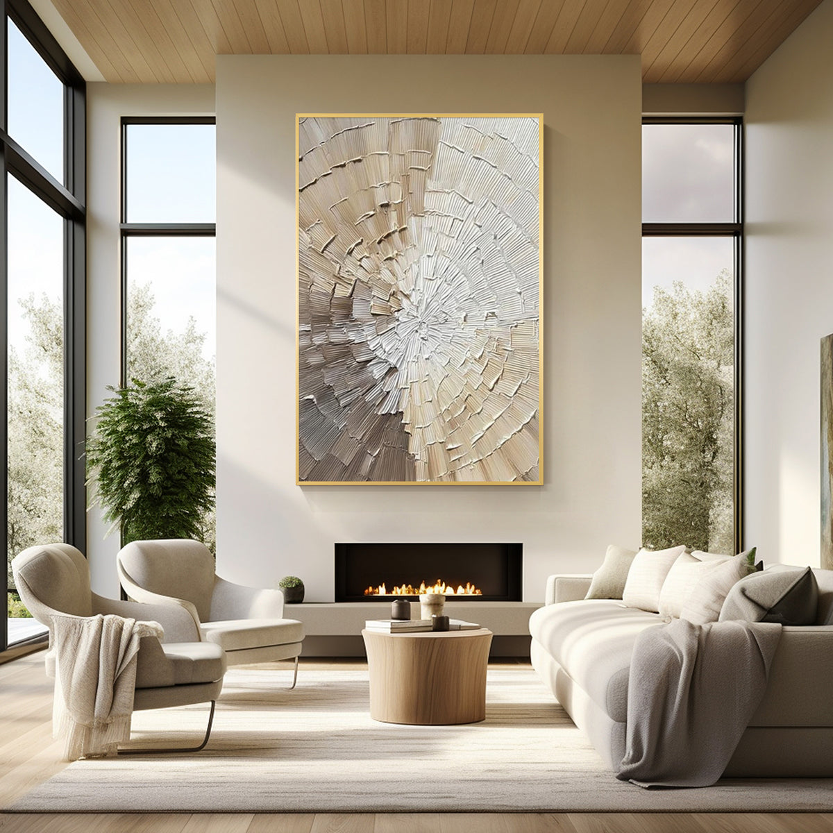 Ivory textured circular abstract art with wood frame displayed in a modern living room, sculptural plaster wall decor with raised texture