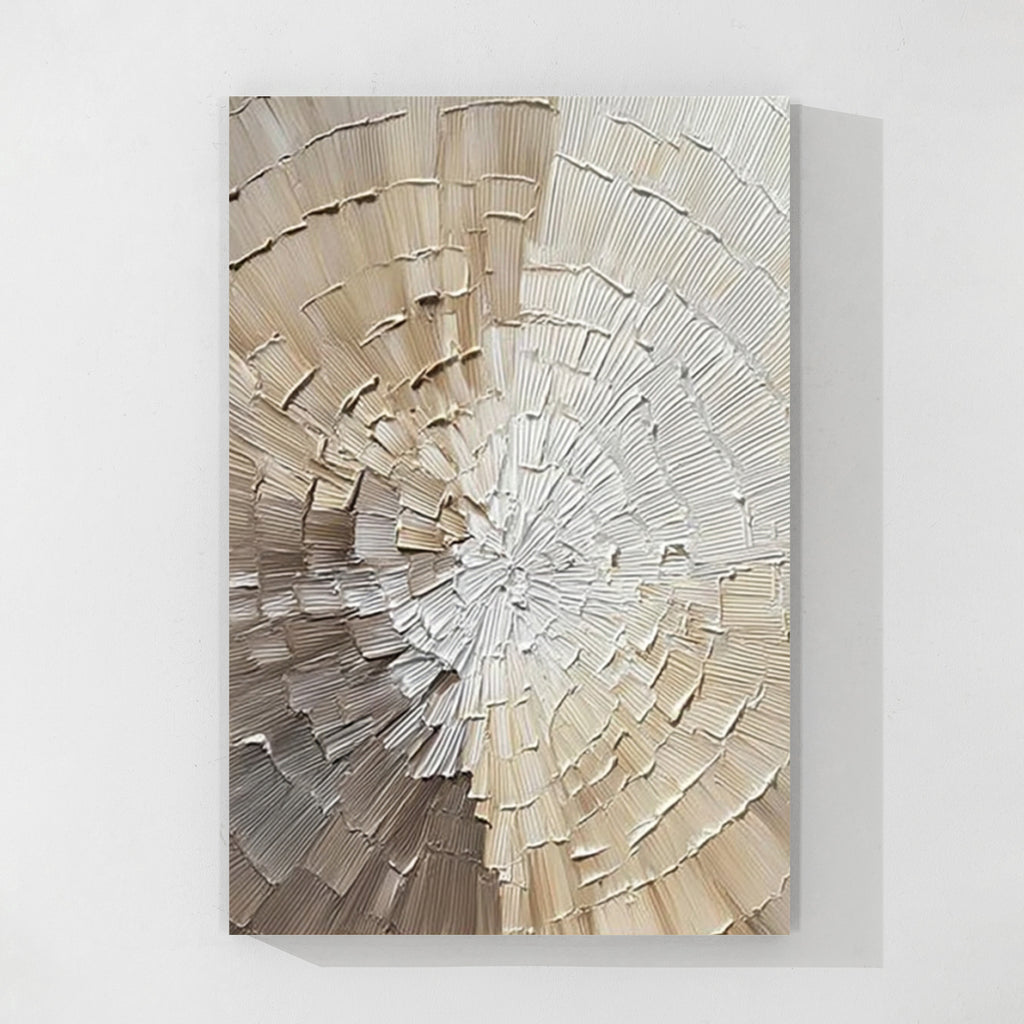 Ivory textured circular abstract wall art with raised plaster details, modern minimalist home decor artwork