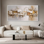 Layered relief textured abstract wall art with white frame above a modern sofa in a neutral living room