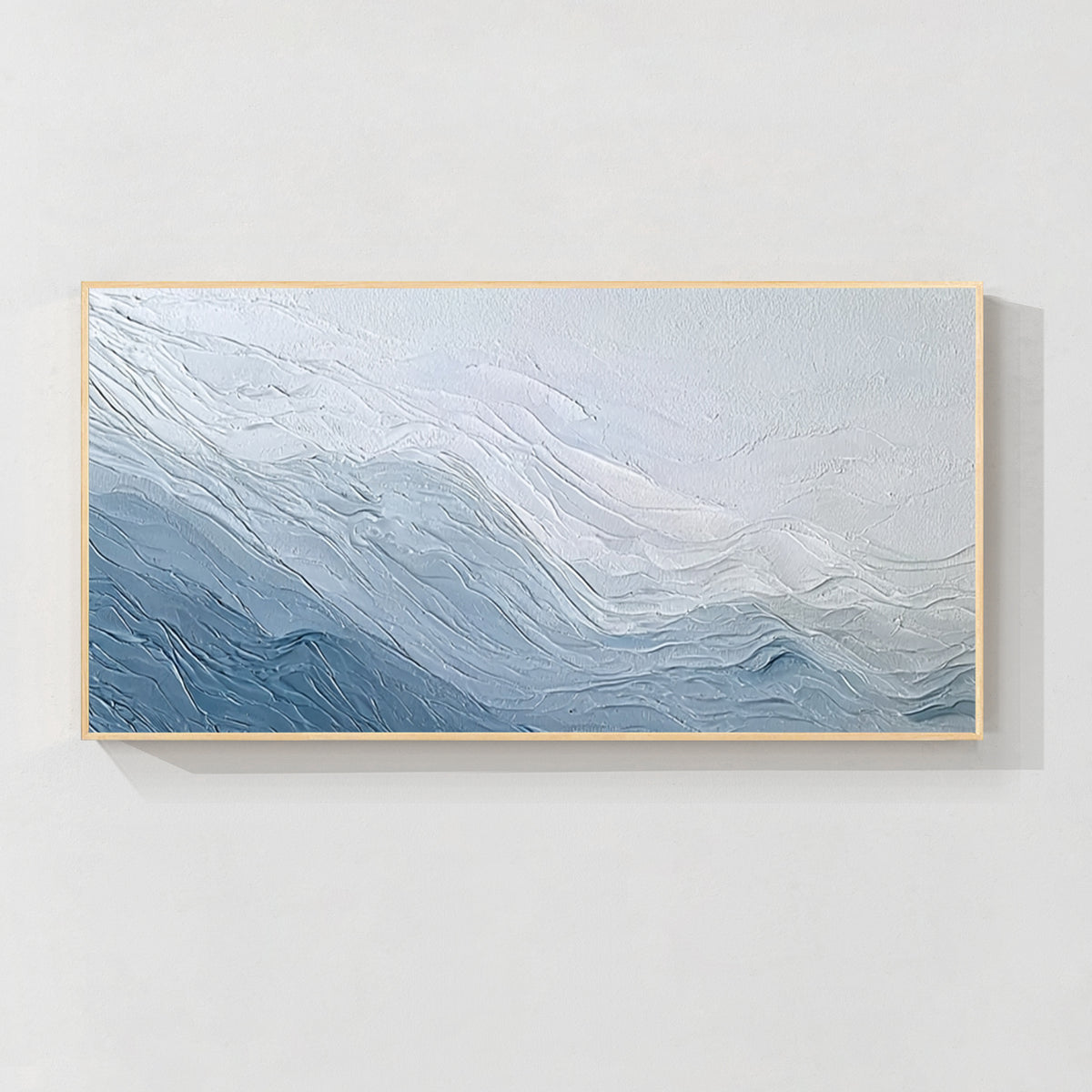Light blue textured abstract wall art painting with layered wave patterns and wood frame for modern home decor