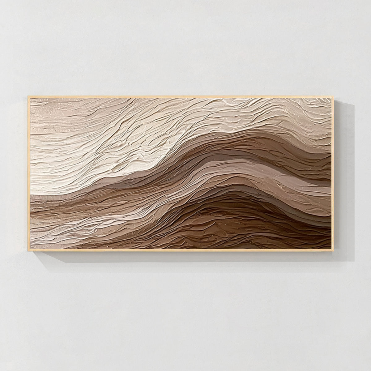 Light wood framed 3D textured abstract wall art with layered beige and brown relief design, minimalist canvas artwork for modern home decor