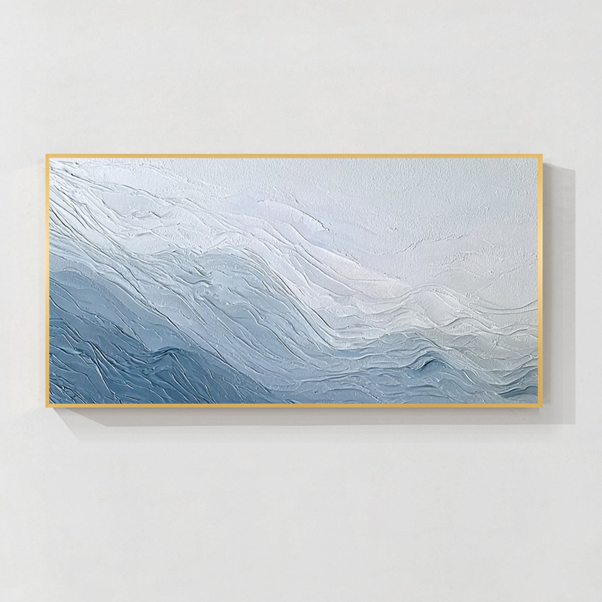 Luxury blue textured abstract wall art painting with flowing wave patterns and gold frame for modern home decor
