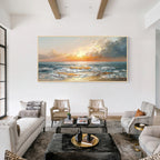 Luxury ocean landscape wall art painting with gold frame displayed in a modern living room interior