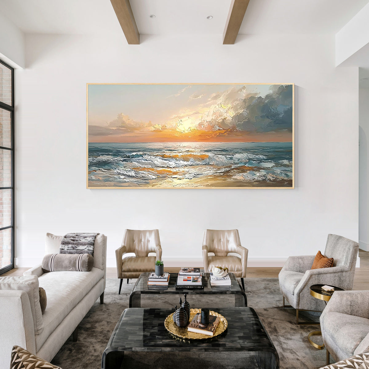 Luxury ocean landscape wall art painting with gold frame displayed in a modern living room interior