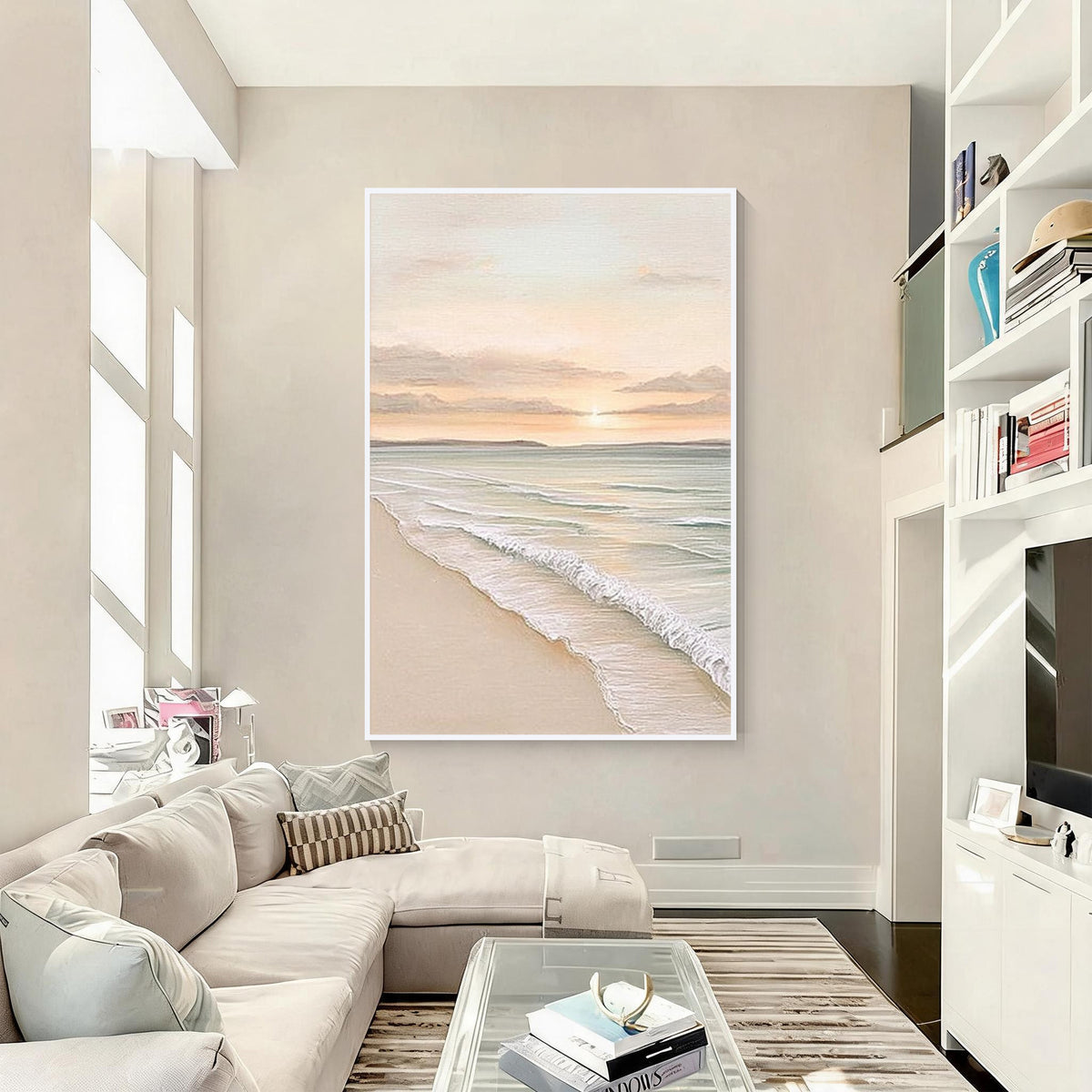 Minimal coastal ocean painting with white frame displayed in a bright modern living room interior