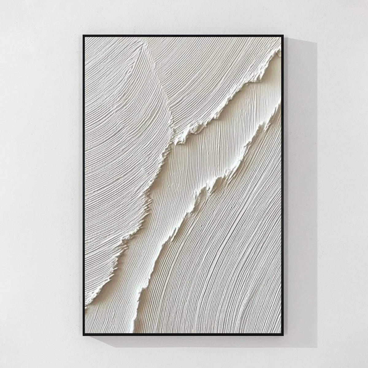Minimal white textured abstract wall art with black frame, raised plaster texture and modern minimalist interior decor