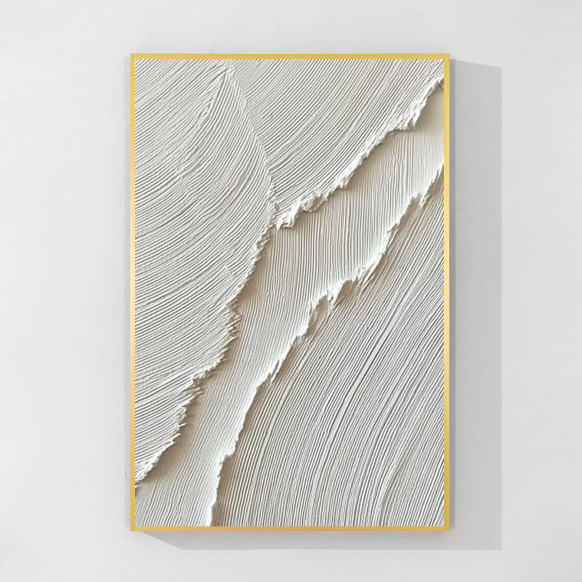 Minimal white textured abstract wall art with gold frame, elegant plaster texture and luxury modern home decor