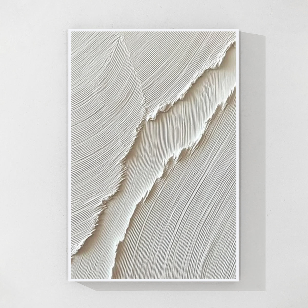 Minimal white textured abstract wall art with white frame, raised plaster texture and modern neutral home decor
