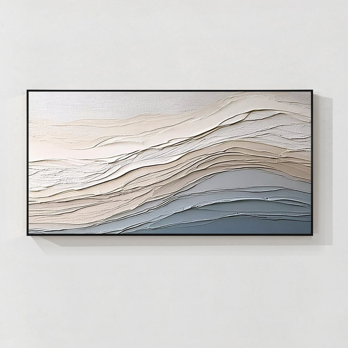 Minimalist wave textured wall art with black frame in neutral white and grey tones for modern home decor