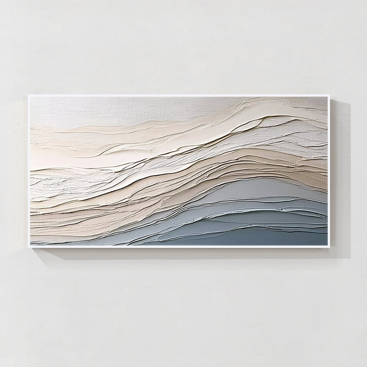 Minimalist wave textured wall art with white frame in neutral tones for modern home decor