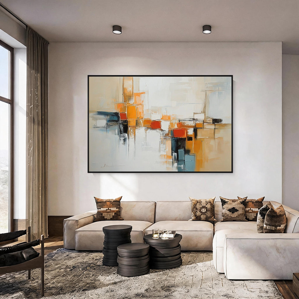 Modern abstract geometric painting with gold frame, contemporary wall art for living room decor