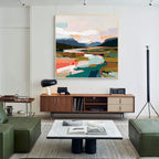 Modern abstract landscape wall art with gold frame featuring colorful mountains, fields and minimalist nature scenery