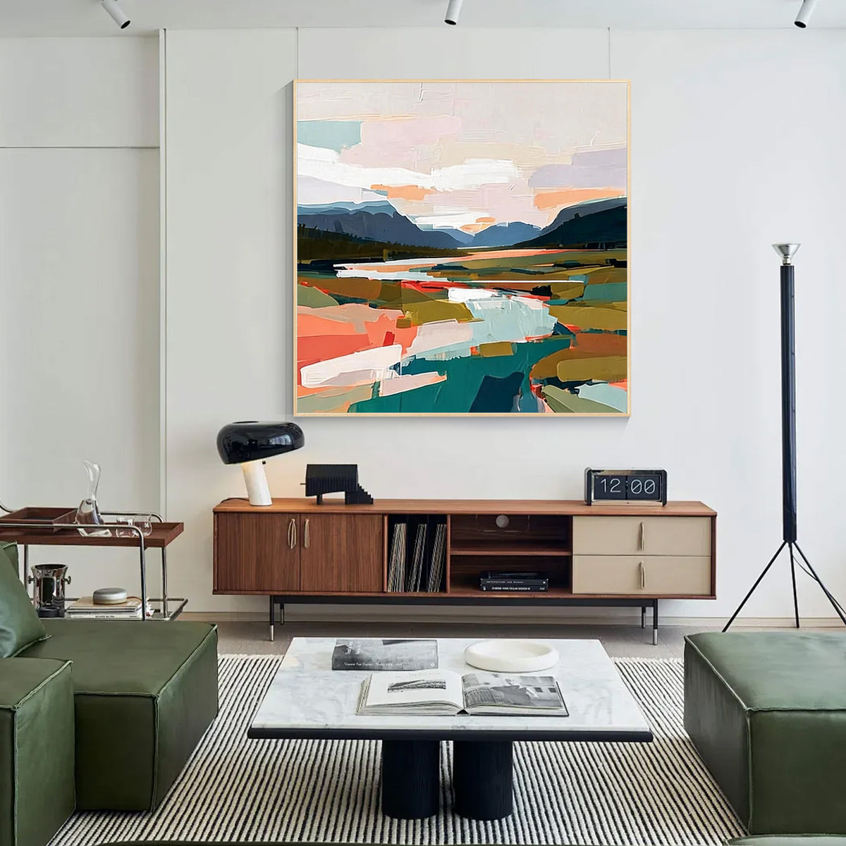 Modern abstract landscape wall art with gold frame featuring colorful mountains, fields and minimalist nature scenery