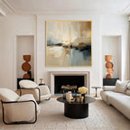 Modern beige and blue abstract wall art with gold frame, luxury living room interior decor