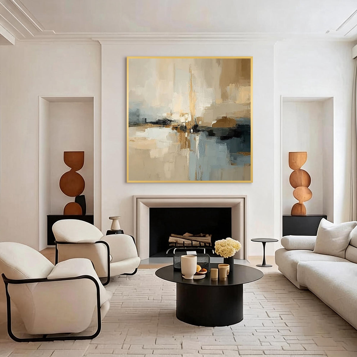 Modern beige and blue abstract wall art with gold frame, luxury living room interior decor