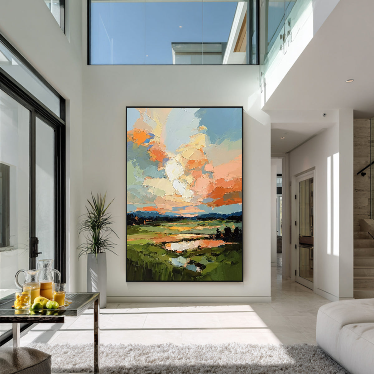Modern colorful abstract landscape wall art with black frame featuring textured oil painting brush strokes displayed in a bright interior space