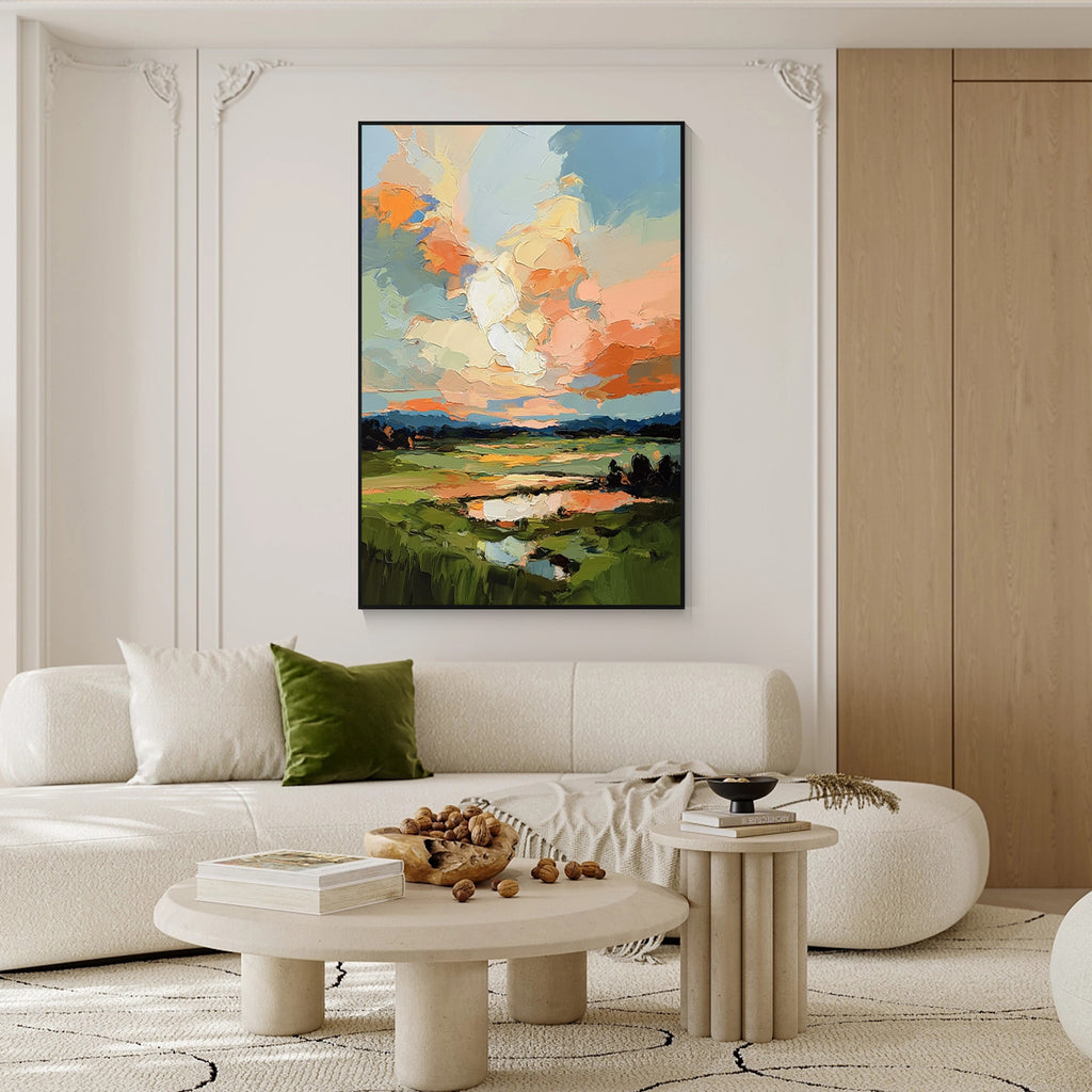 Modern colorful abstract landscape wall art with black frame featuring textured oil painting brush strokes displayed in a living room
