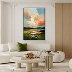 Modern colorful abstract landscape wall art with black frame featuring textured oil painting brush strokes displayed in a living room