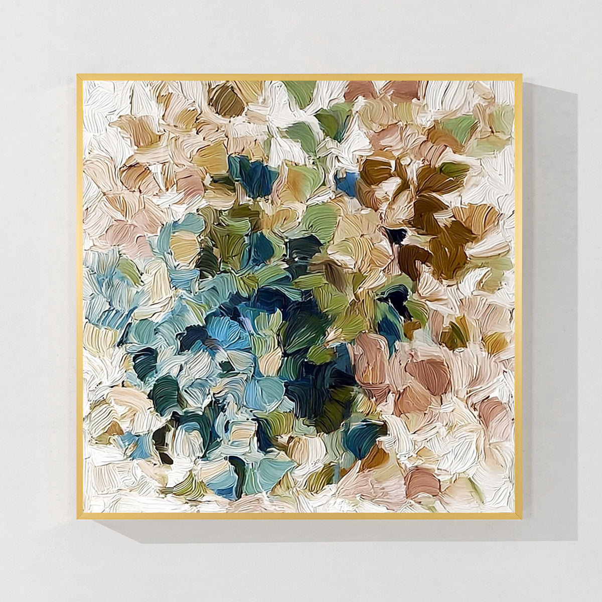 Modern colorful textured abstract canvas wall art with gold frame and layered brush strokes