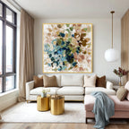 Modern colorful textured abstract wall art displayed above a sofa in a contemporary living room