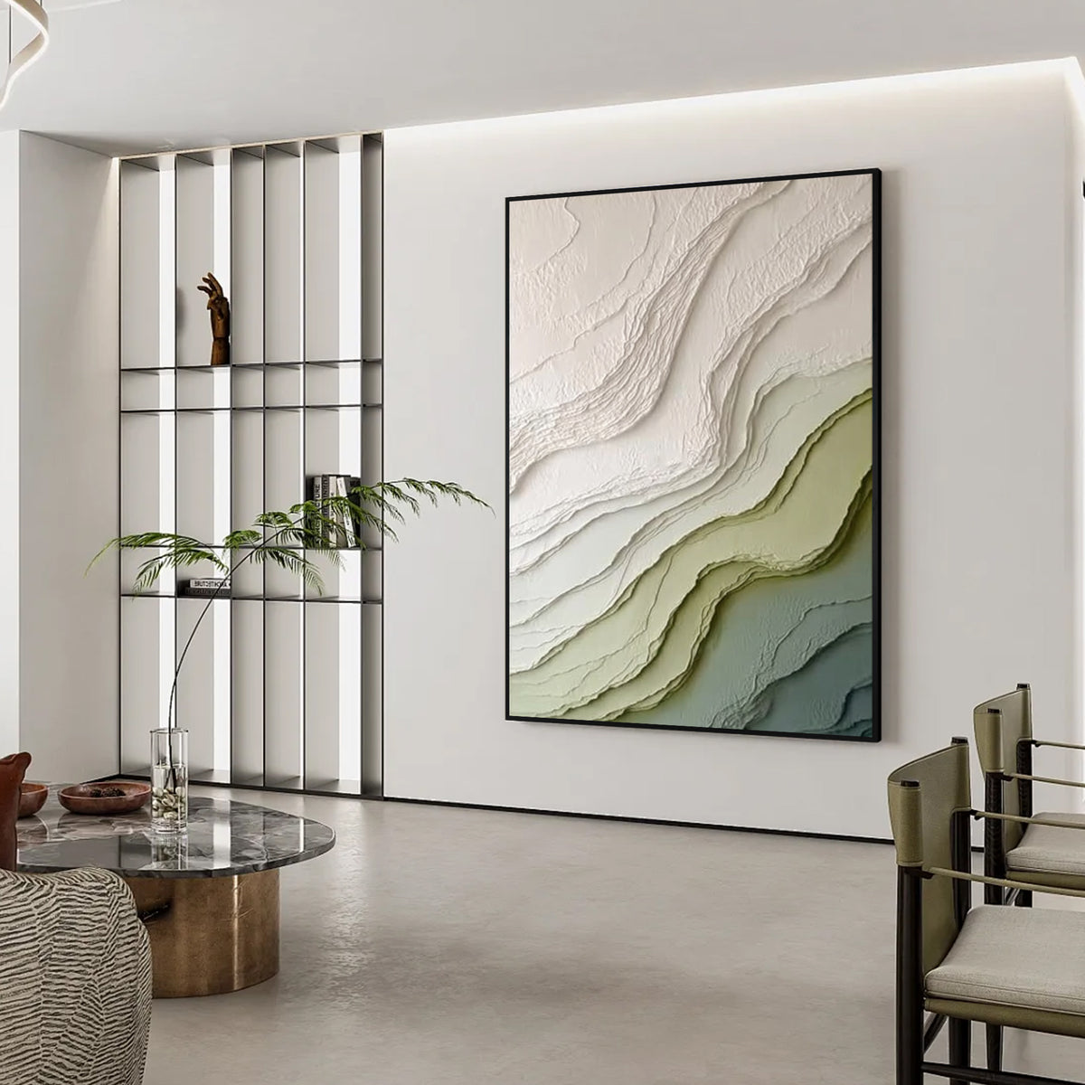 Modern green and beige textured abstract wall art with black frame displayed in a minimalist interior, featuring layered organic patterns and contemporary design