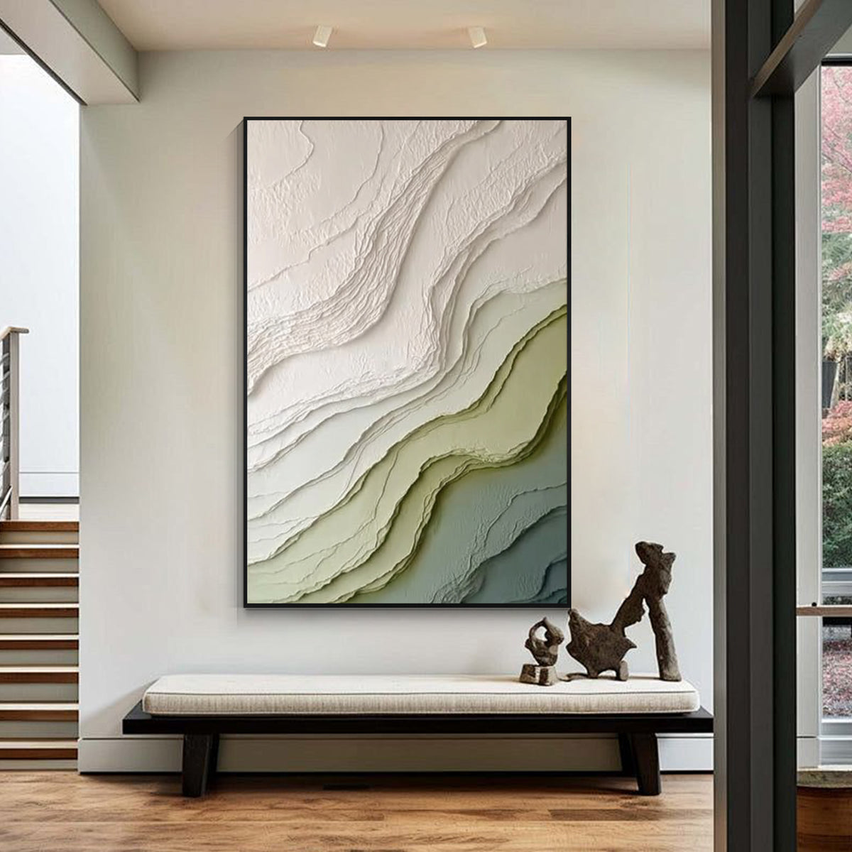 Modern green and beige textured abstract wall art with black frame featuring layered organic patterns displayed in a contemporary interior