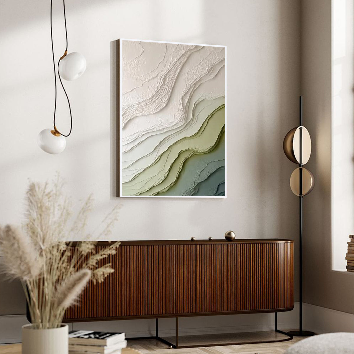 Modern green and beige textured abstract wall art with white frame featuring layered organic patterns displayed in a minimalist interior