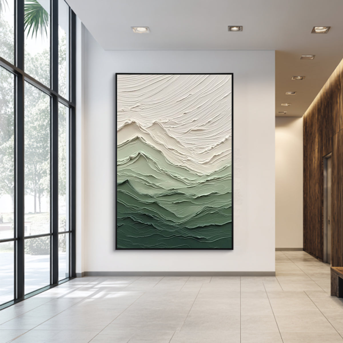 Modern green textured abstract wall art displayed in a contemporary interior space