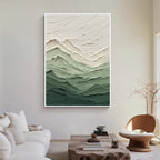 Modern green textured abstract canvas wall art displayed in a minimalist living room interior