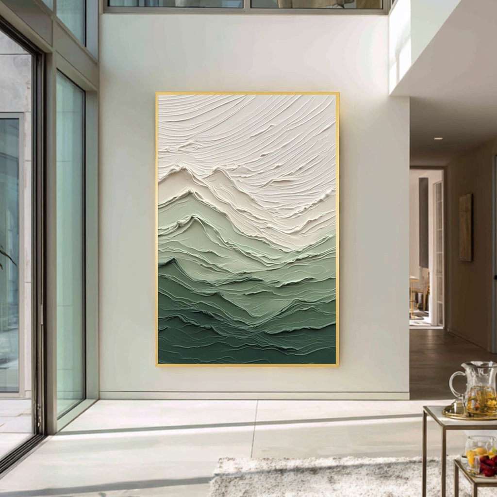 Modern green textured abstract wall art displayed in a contemporary home interior