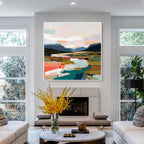 Modern landscape abstract painting wall art featuring colorful fields, mountains and contemporary brush strokes in a stylish living room