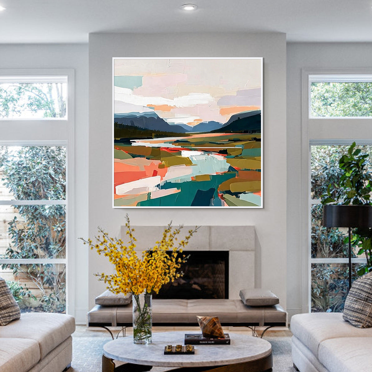 Modern landscape abstract painting wall art featuring colorful fields, mountains and contemporary brush strokes in a stylish living room