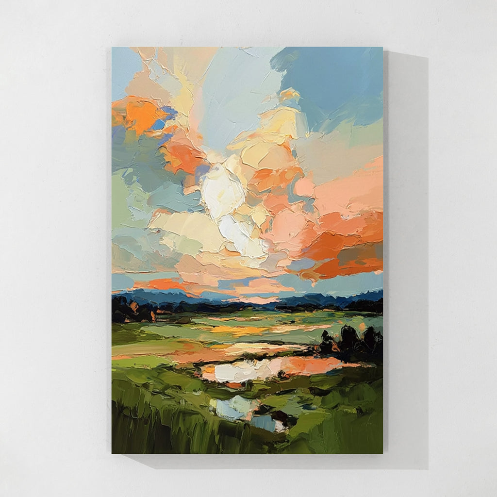 Modern landscape abstract textured canvas wall art featuring colorful sky, mountains and rich brush strokes for contemporary home decor