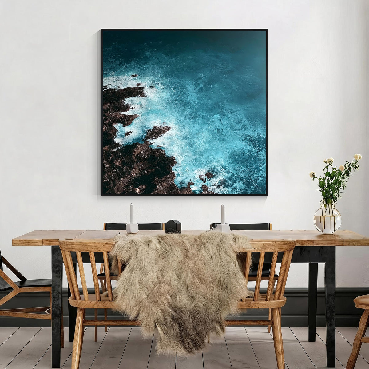 Blue ocean wave abstract painting with black frame, modern coastal wall art for dining room decor