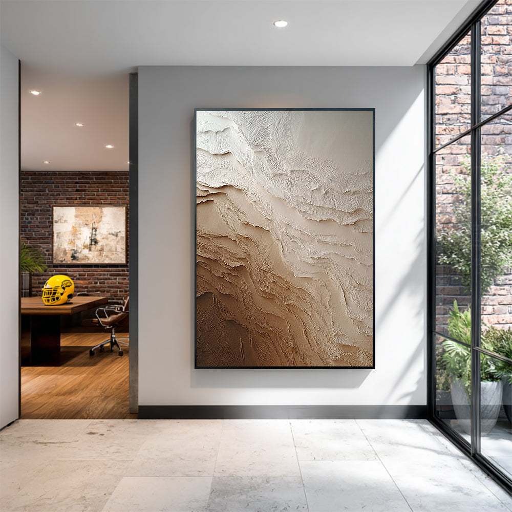 Modern office interior with beige textured abstract wall art canvas