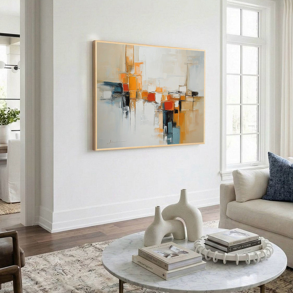 Neutral abstract geometric canvas wall art featuring orange and blue accents with modern textured painting for contemporary living room decor