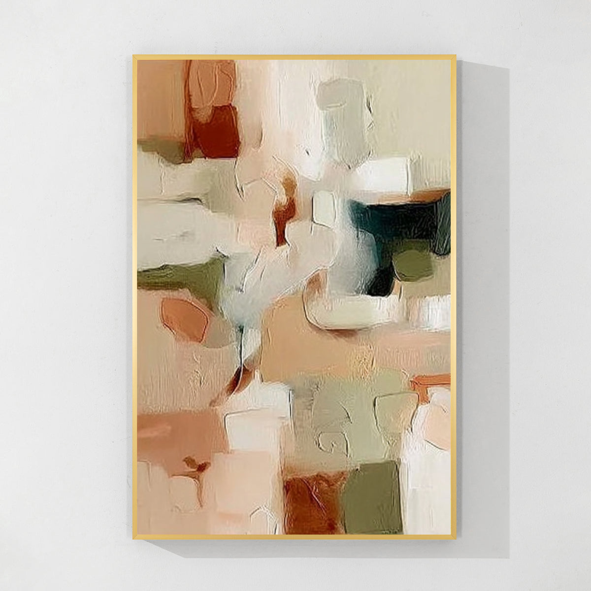 Luxury neutral abstract painting with gold frame, elegant wall decor