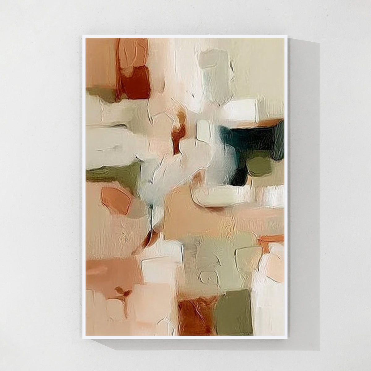 Neutral abstract painting with white frame, modern wall art decor for home interior