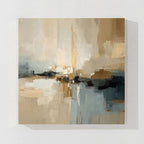 Neutral beige and blue abstract wall art canvas, modern contemporary painting for living room decor